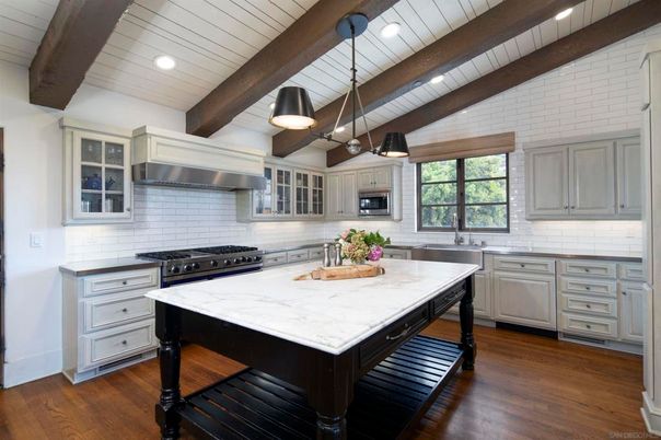 Interior, Kitchen, Pendant Lights, Recessed Lighting, Stainless Steel Appliances, Stone Walls, Wooden Beams, Wood Texture Flooring
