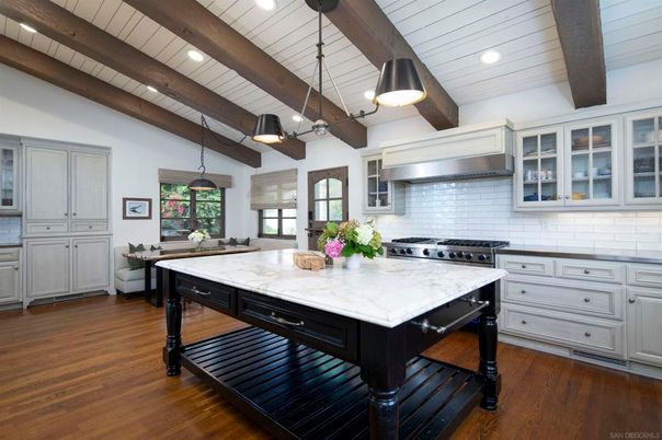 Interior, Kitchen, Pendant Lights, Recessed Lighting, Stainless Steel Appliances, Wooden Beams, Wood Texture Flooring