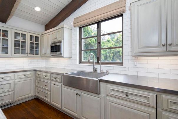 Interior, Kitchen, Recessed Lighting, Stainless Steel Appliances, Wooden Beams, Wood Texture Flooring