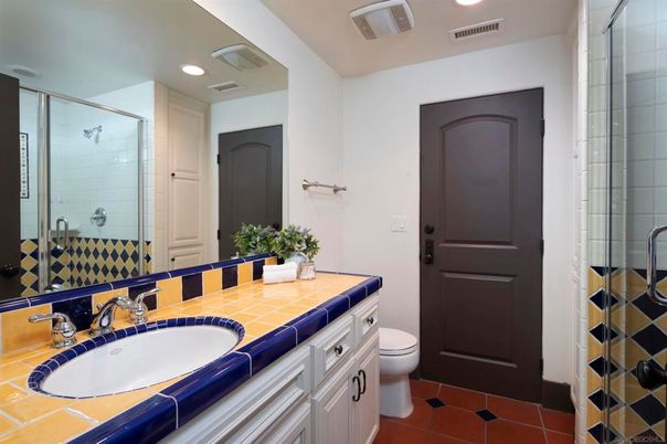 Bathroom, Dual Sink Vanities, Glass Shower, Interior, Recessed Lighting, Tile Countertops