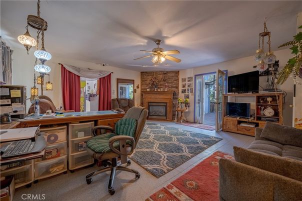 Fireplace, Home Office, Interior, Pendant Lights, Stone Walls