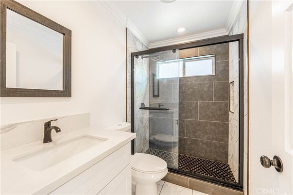Bathroom, Glass Shower, Interior, Marble Walls, Recessed Lighting