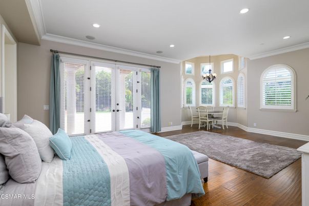 Bedroom, Chandelier, Dining room, Interior, Recessed Lighting, Wood Texture Flooring