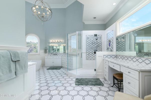 Bathroom, Chandelier, Glass Shower, Interior, Recessed Lighting