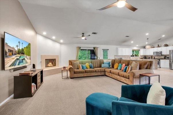 Fireplace, Interior, Kitchen, Living room, Pendant Lights, Recessed Lighting