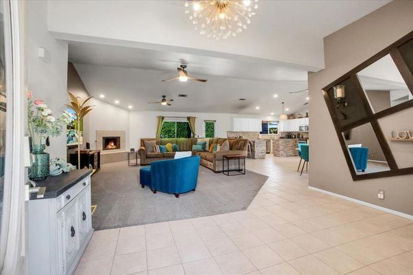 Fireplace, Interior, Kitchen, Living room, Pendant Lights, Recessed Lighting