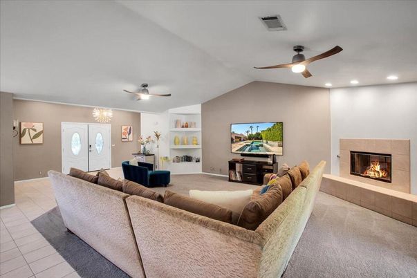Chandelier, Fireplace, Interior, Living room, Recessed Lighting