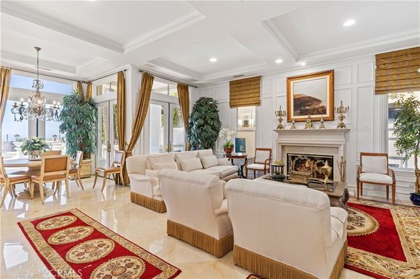 Chandelier, Dining room, Fireplace, Interior, Living room, Recessed Lighting