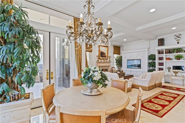 Chandelier, Dining room, Fireplace, Interior, Living room, Recessed Lighting
