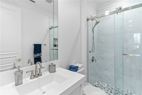 Bathroom, Glass Shower, Interior, Marble Walls, Recessed Lighting