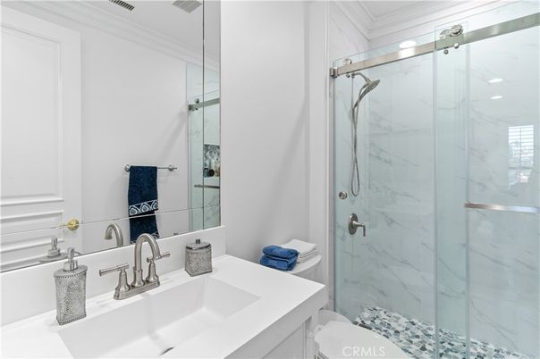 Bathroom, Glass Shower, Interior, Marble Walls, Recessed Lighting