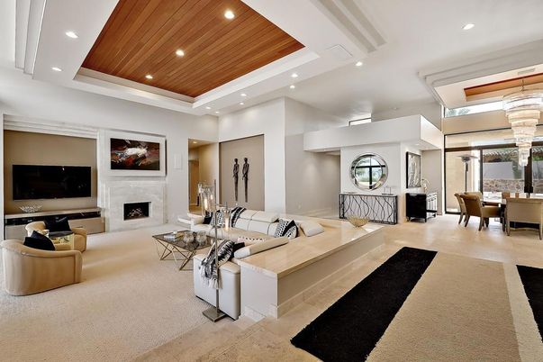 Dining room, Fireplace, Interior, Living room, Recessed Lighting, Wooden Ceilings