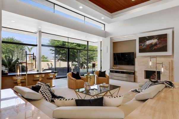 Fireplace, Interior, Living room, Recessed Lighting, Wooden Ceilings