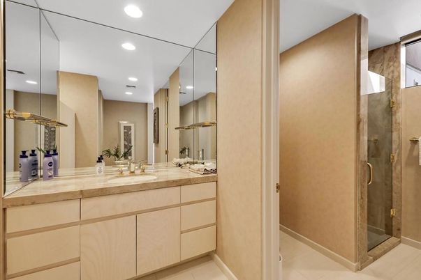 Bathroom, Dual Sink Vanities, Glass Shower, Interior, Pendant Lights, Recessed Lighting