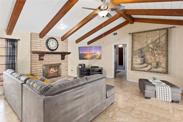 Fireplace, Interior, Living room, Recessed Lighting, Stone Walls, Wooden Beams