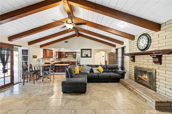 Dining room, Fireplace, Interior, Kitchen, Living room, Stone Walls, Wooden Beams