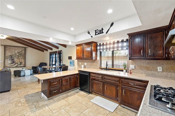 Dining room, Interior, Kitchen, Recessed Lighting, Stainless Steel Appliances, Wooden Beams