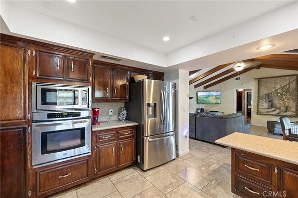 Interior, Kitchen, Living room, Recessed Lighting, Stainless Steel Appliances, Wooden Beams