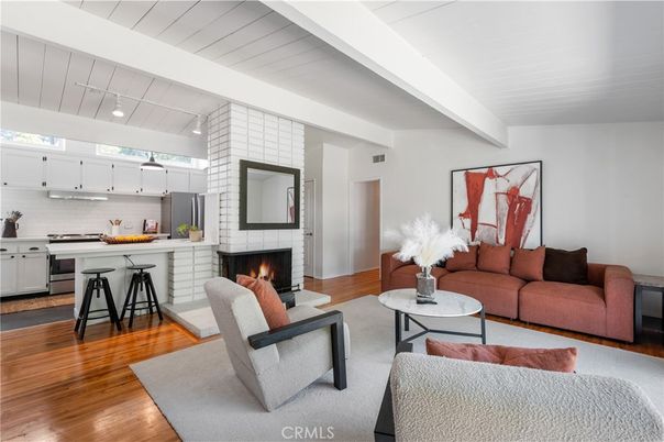 Fireplace, Interior, Kitchen, Living room, Stainless Steel Appliances, Stone Walls, Wood Texture Flooring