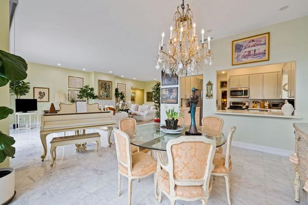 Chandelier, Dining room, Interior, Kitchen, Living room, Marble, Piano, Recessed Lighting, Stainless Steel Appliances