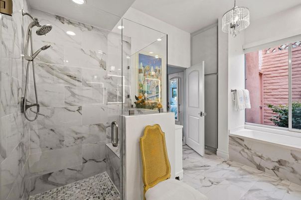 Bathroom, Glass Shower, Interior, Marble, Marble Walls, Pendant Lights, Recessed Lighting