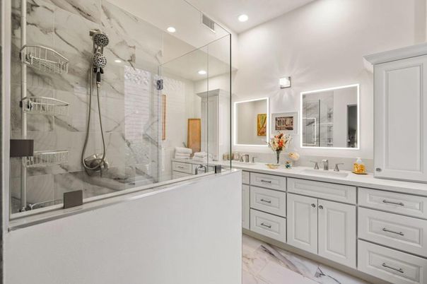 Bathroom, Dual Sink Vanities, Glass Shower, Interior, Marble, Marble Walls, Recessed Lighting