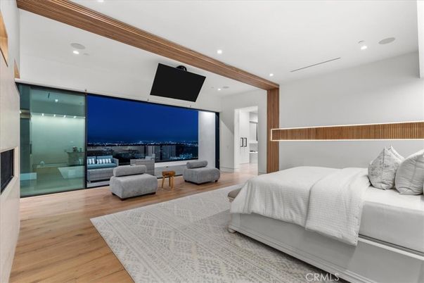 Bedroom, Fireplace, Interior, Recessed Lighting, Wood Texture Flooring