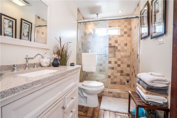 Bathroom, Glass Shower, Interior, Recessed Lighting, Wood Texture Flooring