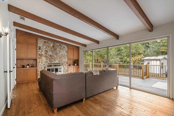 Fireplace, Interior, Living room, Stone Walls, Wooden Beams, Wood Texture Flooring