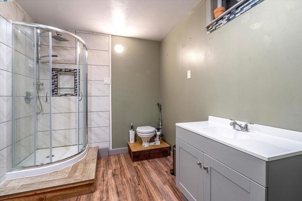 Bathroom, Glass Shower, Interior, Wood Texture Flooring