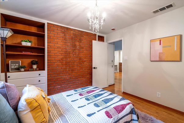 Bedroom, Chandelier, Interior, Stone Walls, Wood Texture Flooring