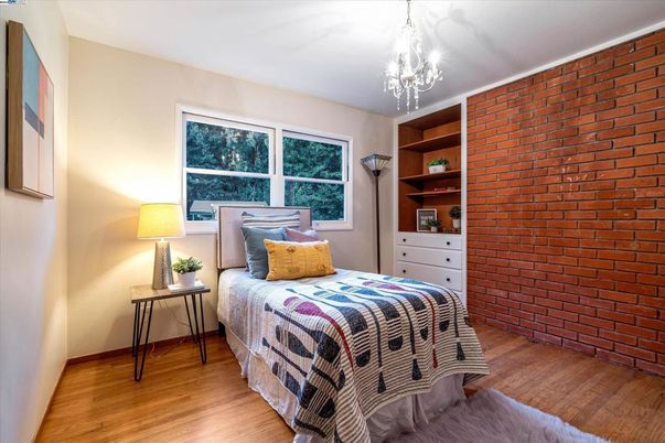 Bedroom, Interior, Stone Walls, Wood Texture Flooring