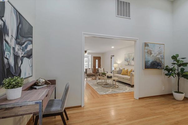 Dining room, Interior, Living room, Recessed Lighting, Wood Texture Flooring
