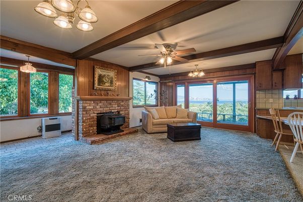 Chandelier, Empty room, Fireplace, Interior, Pendant Lights, Wooden Beams, Wooden Walls
