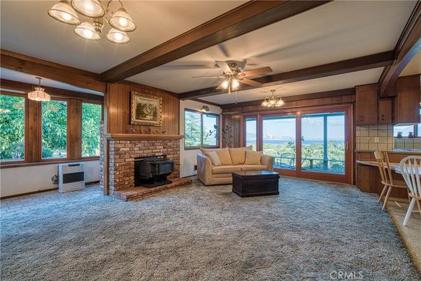 Chandelier, Empty room, Fireplace, Interior, Pendant Lights, Wooden Beams, Wooden Walls