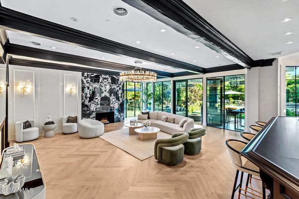 Chandelier, Fireplace, Interior, Living room, Recessed Lighting, Wood Texture Flooring