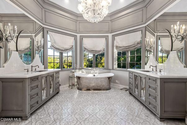 Bathroom, Chandelier, Dual Sink Vanities, Free Standing Baths, Interior, Recessed Lighting