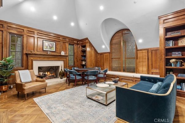 Dining room, Fireplace, Interior, Living room, Recessed Lighting, Wood Texture Flooring, Wooden Walls
