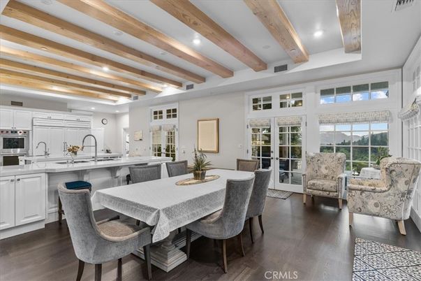 Dining room, Interior, Kitchen, Recessed Lighting, Stainless Steel Appliances, Wooden Beams, Wood Texture Flooring