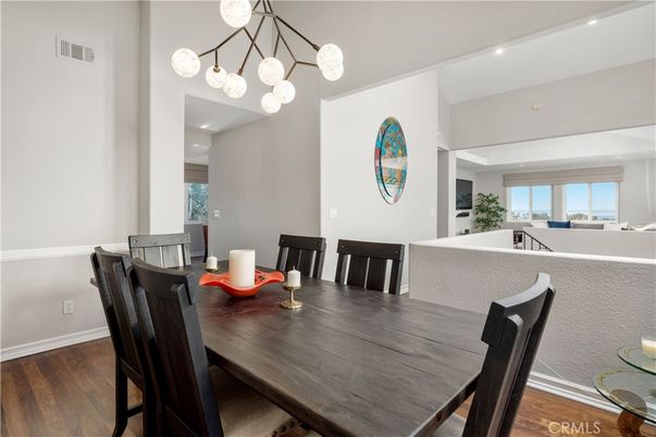 Dining room, Interior, Pendant Lights, Recessed Lighting, Wood Texture Flooring