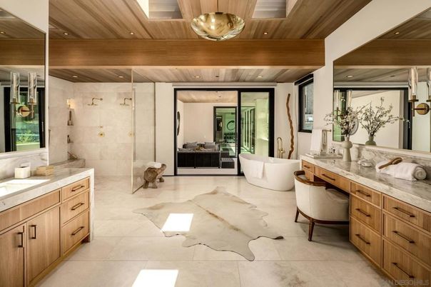 Bathroom, Free Standing Baths, Glass Shower, Interior, Recessed Lighting, Wooden Ceilings