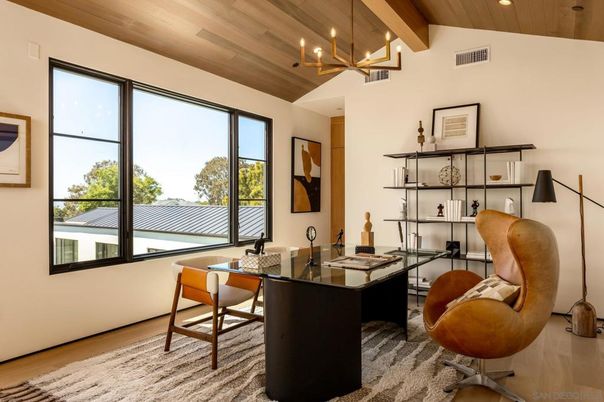 Home Office, Interior, Pendant Lights, Recessed Lighting, Wooden Beams, Wooden Ceilings, Wood Texture Flooring