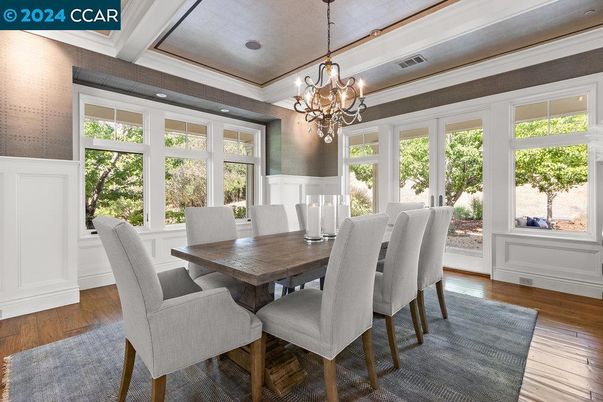 Chandelier, Dining room, Interior, Wood Texture Flooring