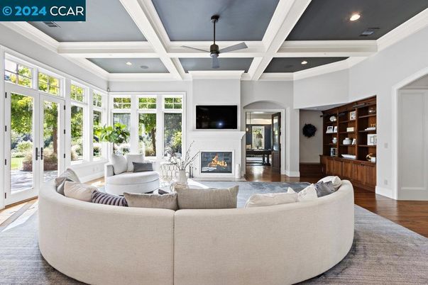 Fireplace, Interior, Living room, Recessed Lighting, Wood Texture Flooring
