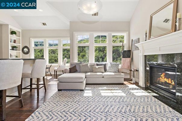 Fireplace, Interior, Living room, Recessed Lighting, Wood Texture Flooring