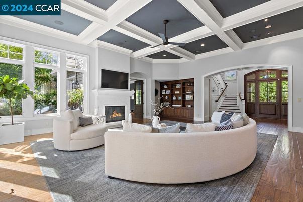 Fireplace, Interior, Living room, Recessed Lighting, Wood Texture Flooring