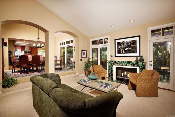 Chandelier, Dining room, Fireplace, Interior, Kitchen, Living room, Pendant Lights, Recessed Lighting
