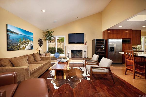 Fireplace, Interior, Kitchen, Living room, Recessed Lighting, Stainless Steel Appliances, Wood Texture Flooring