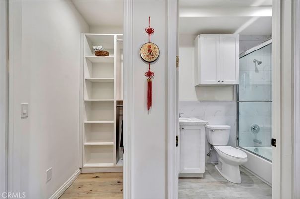 Bathroom, Glass Shower, Interior, Wood Texture Flooring