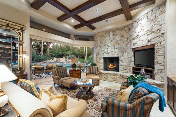Fireplace, Interior, Living room, Recessed Lighting, Stone Walls, Wooden Beams